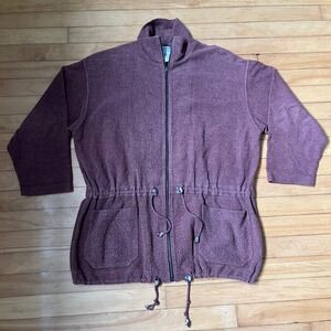Jaeger Womens Ribbed Full Zip Cardigan Sweater Mauve Plum Cinched Waist Pockets